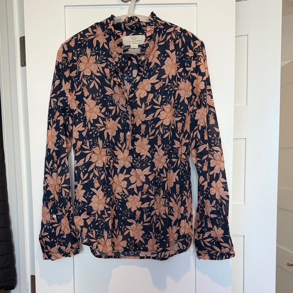 Trovata Floral Half Button-Front Blouse in Navy and Blush/Orange